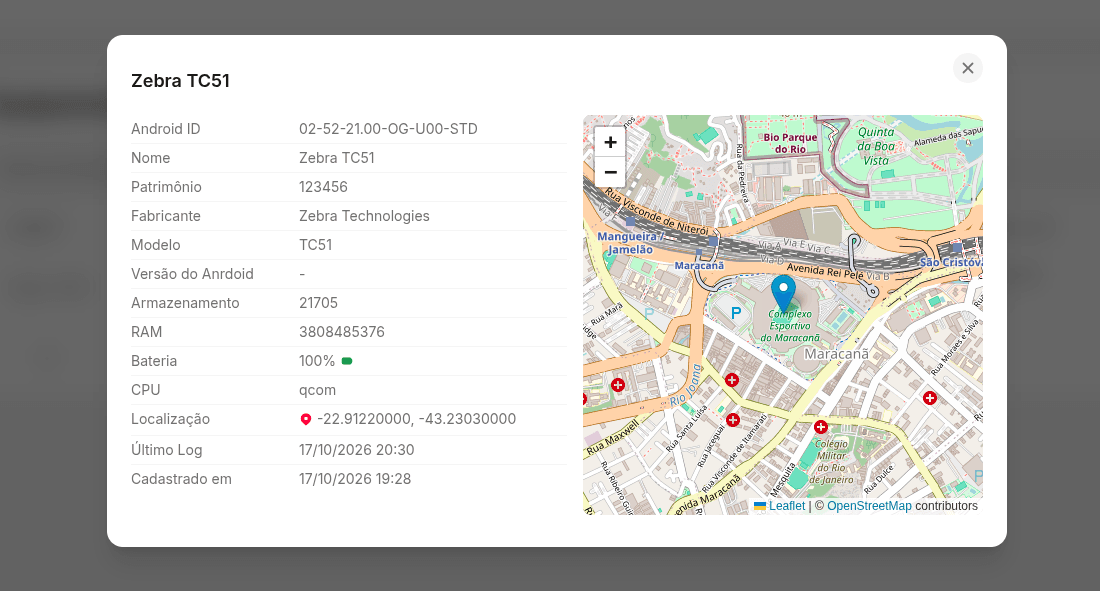 Detalhes do equipamento com bateria, armazenamento e localização no mapa